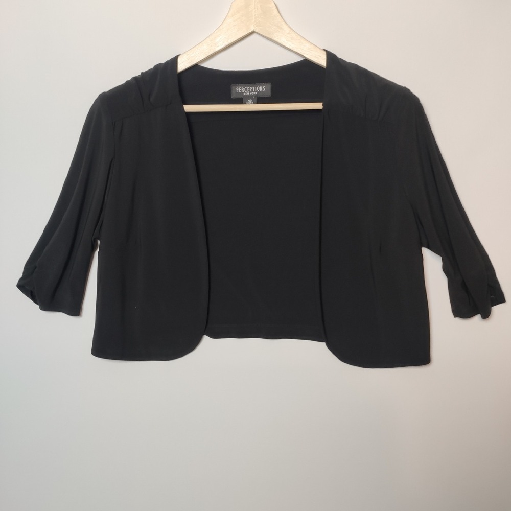 Perceptions New York Solid Black Open Front Bolero Shrug Cardigan Size 12